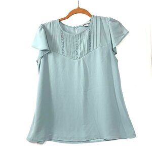 H&M Short Sleeve Blouse Pleated Yoke Keyhole Back Lined Sage Green Sz 10